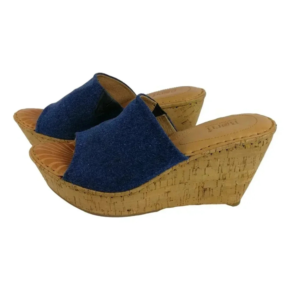 Born Sandals Blue Denim Size‎ 10 M Eugenia  Cork Wedge Open Toe New